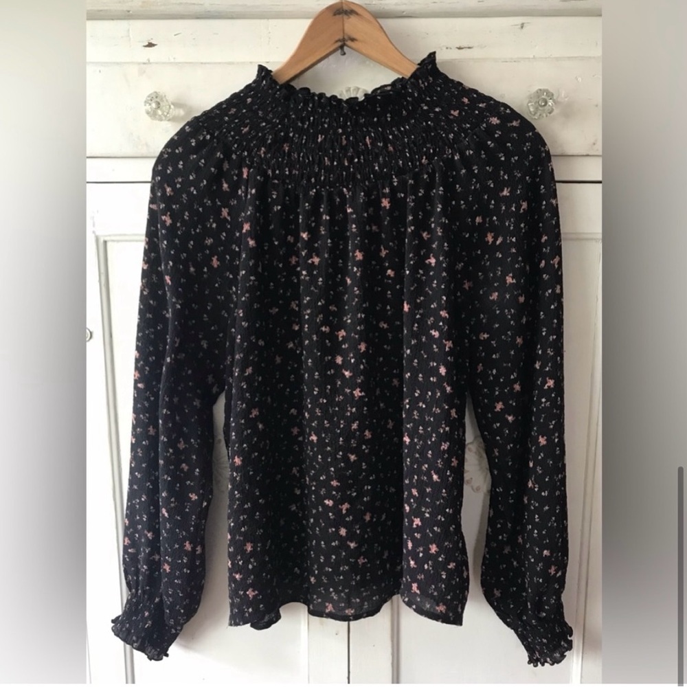 Madewell | Women’s black floral smocked mock neck/sleeve hem shirt size L - Picture 6 of 16